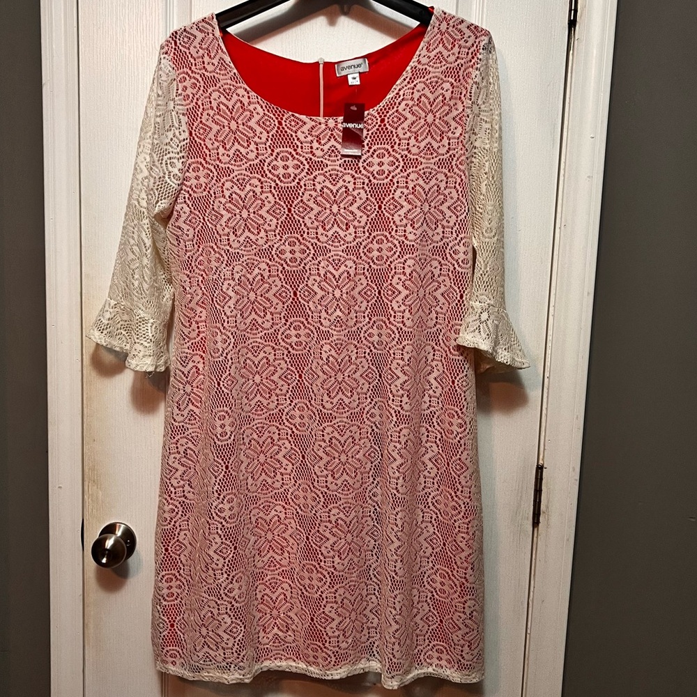 Avenue 22/24 Elegant Lace Overlay Dress in Orange Red and Cream